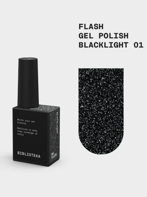 BIBLIOTEKA Flash Gel Polish 01 Blacklight, 10 ml - czarny lakier hybrydowy z efektem flash